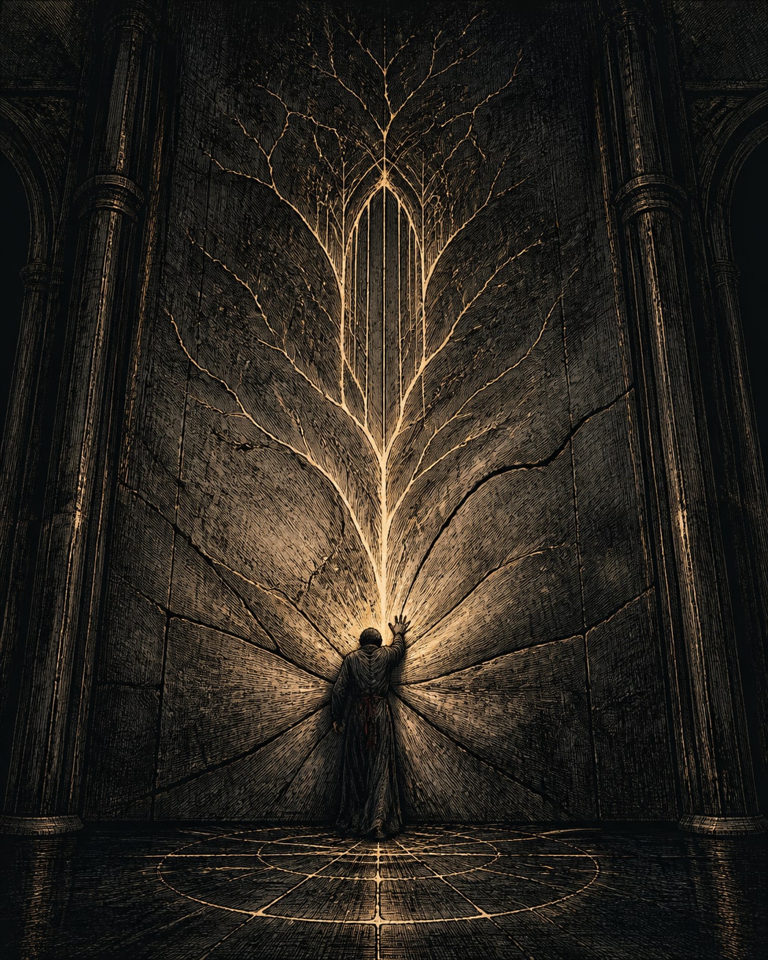 A lone figure presses an open hand against a colossal dark wall as golden cracks branch into roots and cathedral-like geometry.