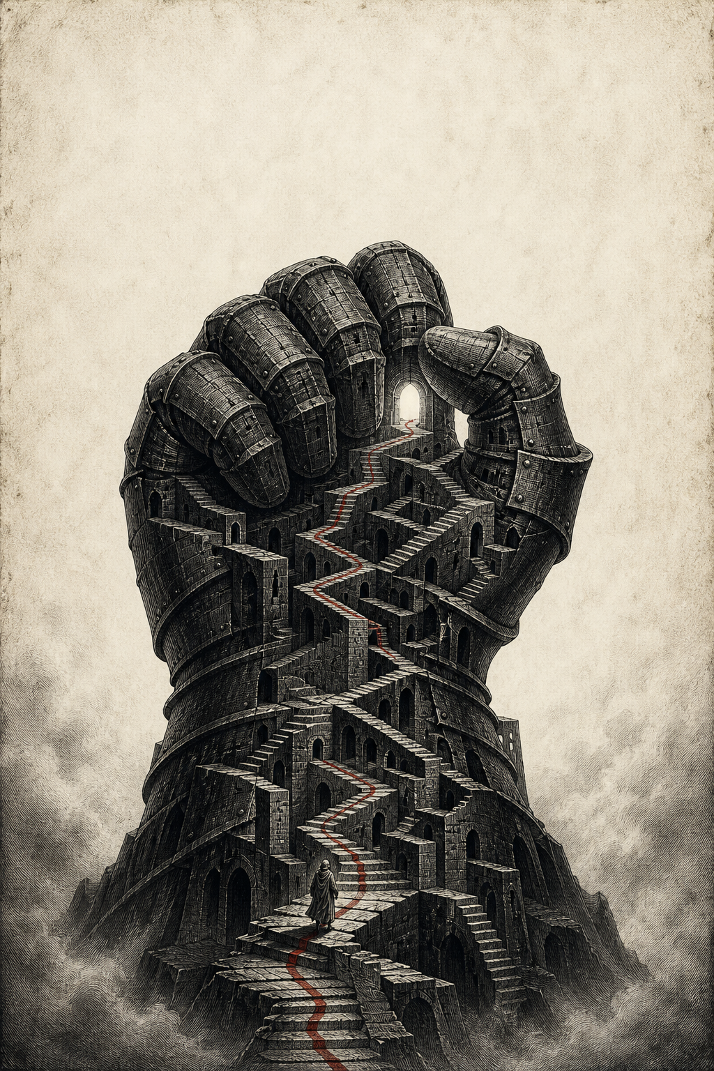 Armored fist formed from a dark maze, symbolizing a gauntlet, struggle, and hard-won freedom.